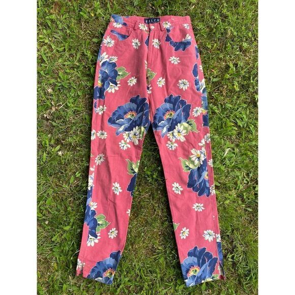 90s Ralph Lauren floral pants 6, vintage 1990s retro bark cloth jeans - Picture 5 of 10